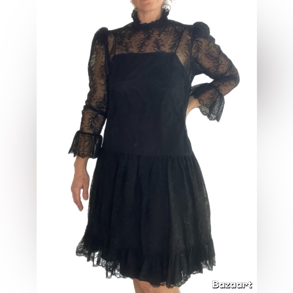 Vintage Black Lace Ruffle High Neck Drop Waist Whimsy Goth Romantic Dress - Picture 3 of 16